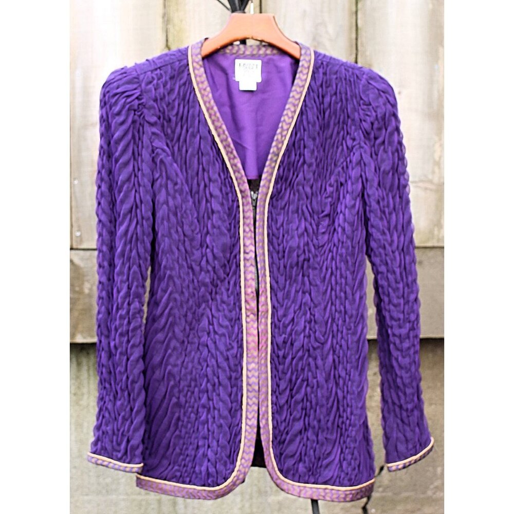 Vintage 1980s Jeanne Marc - Quilted Peplum Zip Front Jacket, Purple, 12-14